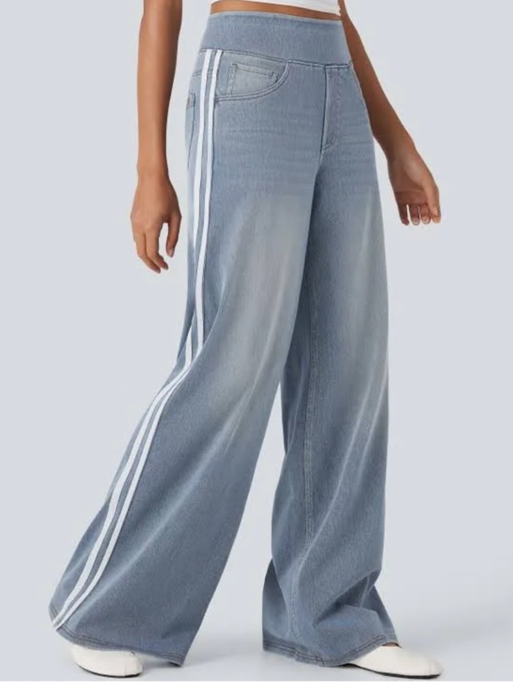 HALARA Light Blue Wide Leg Track Denim Pants with White Stripes